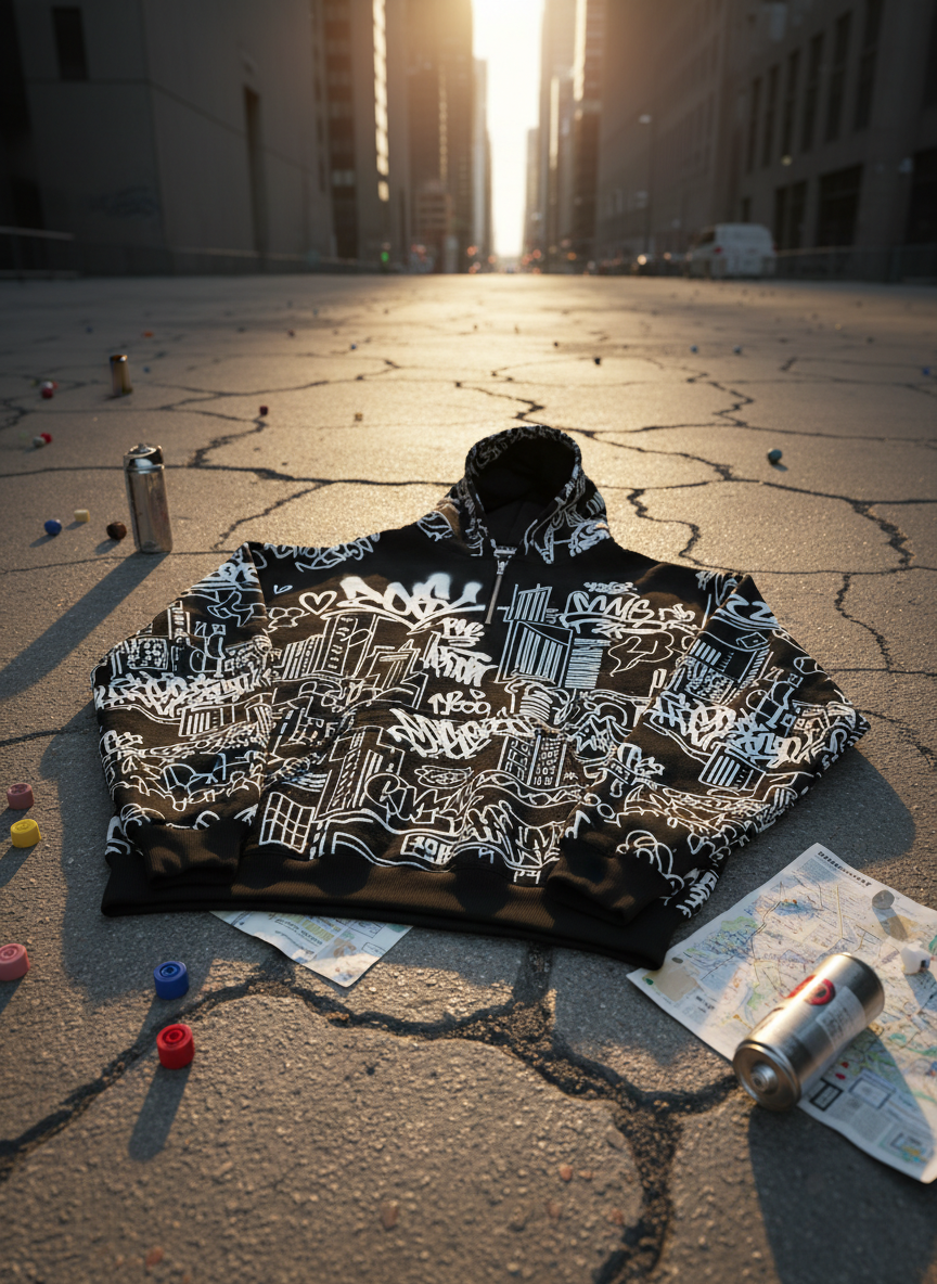 A bold black oversized hoodie laid flat on cracked concrete pavement, its surface covered in intricate white graffiti-style illustrations of abstract cityscapes and spray-paint tags. Around it, scattered paint caps, a silver spray can, and a folded subway map hint at urban exploration. Golden hour sunlight slices between tall buildings, casting long angular shadows and highlighting the hoodie’s thick cotton texture and metal zipper pull. Shot from a slightly elevated, top-down angle in sharp photographic realism, with the edges of the scene softly blurred. The mood is raw, unapologetic, and streetwise, perfectly capturing high-contrast urban fashion that feels like mobile wall art.